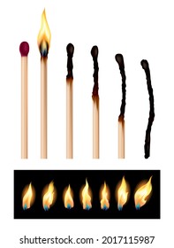 Set of match sticks with burning sequence. Wooden matches in different stages burning and glowing red, blown out and completely burned. Abstract realistic vector illustration