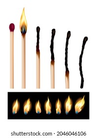 Set of match sticks with burning sequence. Wooden matches in different stages burning and glowing red, blown out and completely burned. Abstract realistic vector illustration