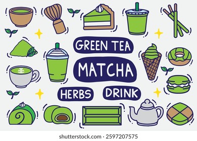 set of matcha doodle with color good for background, wallpaper, element design, icon, etc	
