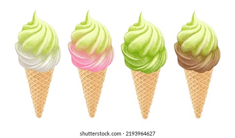 Set of matcha flavored ice cream and soft serve sundae. Green sweet cool dessert in waffle cup with tea leaves. Vector sketch, hand-drawn illustration