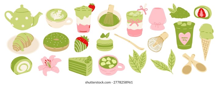 Set of matcha girl morning elements. Hand drawn kawaii matcha tea illustrations with latte, whisk, mochi, croissant, strawberries, desserts, leaves. Vector illustration.