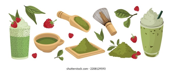 Set of matcha green powder in cartoon style. Vector illustration of cocktail with matcha and raspberries, tea powder and filled into a wooden plate on white background.