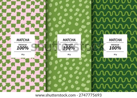 Set of matcha green tea packaging design templates with organic abstract patterns for matcha tea packaging with labels. Minimal modern backgrounds. minimalist japanese style vector design.