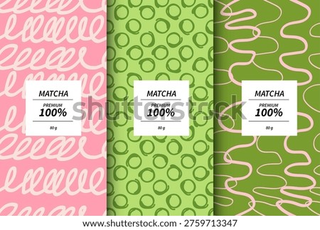 Set of matcha green tea packaging design templates with organic abstract patterns for matcha tea packaging with labels. Minimal modern backgrounds. minimalist japanese style vector design.