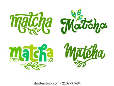 Set of Matcha logo design. Lettering decorated of branch green leaves. Hand-drawn vector calligraphy for tea product. Green asian japanese beverage.