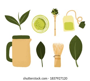 Set of matcha powder bowl, wooden spoon and whisk, green tea leaf isolated on white background. Green tea preparation accessories