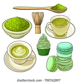 Set of matcha powder, wooden spoon and whisk, green tea and latter cup, cupcake, macaroni, sketch vector illustration isolated on white background. Realistic hand drawing of matcha green tea and food