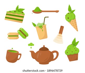 Set of matcha products. Matcha desserts, icecream and drinks. Sweet vector icons isolated on white background.