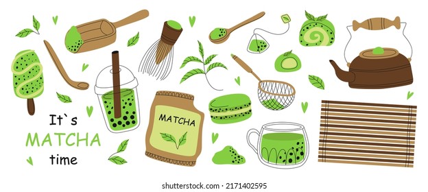 Set of Matcha tea ceremony products. Japanese traditional matcha latte powder, whisk, mochi, macarons, bamboo spoon, leaves, boba, ice cream. Healthy organic green tea culture. Flat illustration