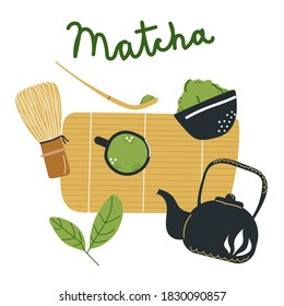 Set of  Matcha tea items. Hand drawn flat illustration. Tea pot, whisk, cup, leaves, bamboo spoon.