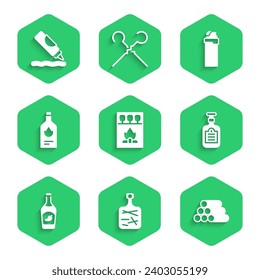 Set Matchbox y cerillas, Cutting board, Wooden logs, Sauce Botella, Ketchup, Tabasco Salsa, Lighter and icon. Vector
