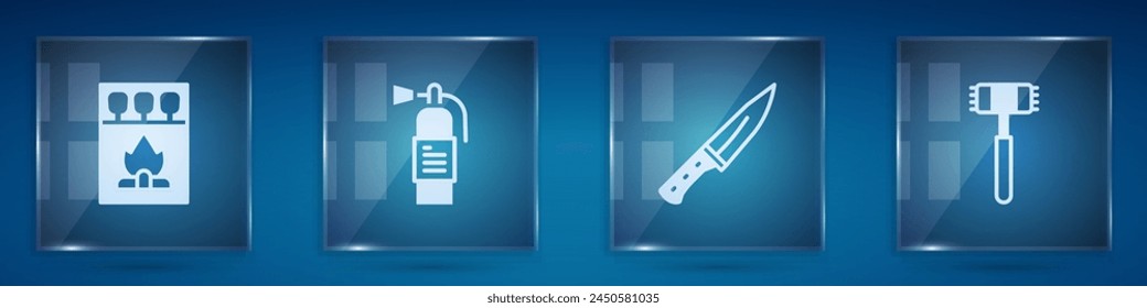 Set Streichhölzer und Streichhölzer, Feuerlöscher, Fleischhauer und Küchenhammer. Quadratische Glasscheiben. Vektorgrafik