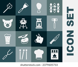 Set Matchbox and matches, Meat chopper, Kitchen hammer, Chicken leg, Barbecue grill, Pig, Burning with fire and coal bag icon. Vector