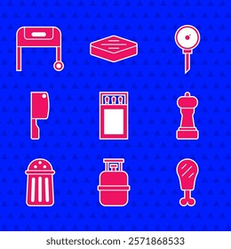 Set Matchbox and matches, Propane gas tank, Chicken leg, Pepper, Salt, Meat chopper, Kitchen thermometer and Barbecue grill icon. Vector