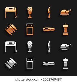 Set Matchbox and matches, Roasted turkey or chicken, Pepper, Steak meat, Grilled pork bbq ribs, Barbecue knife, grill and Chicken leg icon. Vector