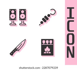 Set Matchbox and matches, Stereo speaker, Meat chopper and Grilled shish kebab icon. Vector