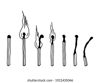 Set of matches burning and burnt with smoke and no smoke, hand drawn wind scribble contour in doodle style. For postcards, posters, decor, t-shirt design, logo.