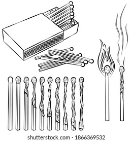 Set of matches. Burning match with fire, burnt matchstick, opened match box. Hand drawn vector illustration with black outline isolated on white background. Elements for coloring book, icon and logo.