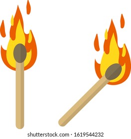 Set of matches. Burning stick. Fire in different positions. Cartoon flat illustration