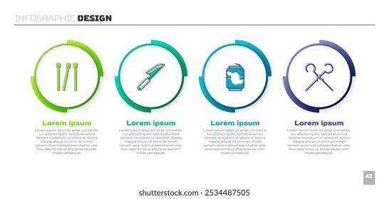Set Matches, Knife, Soda can and BBQ skewers. Business infographic template. Vector