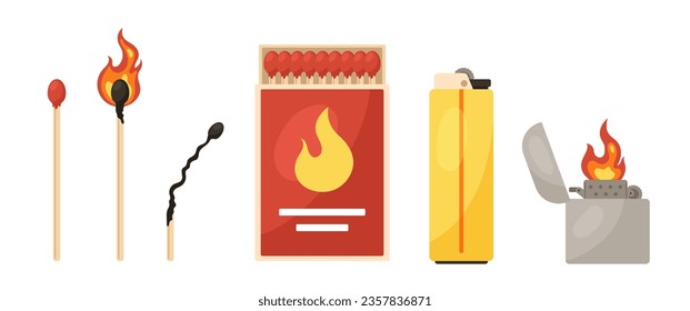 Juego de cerillas y encendedores. Paquete de artículos para la producción de incendios. Empaquetado con un adhesivo entero de madera con cabeza de azufre. Colección vectorial plana de dibujos animados aislada en fondo blanco