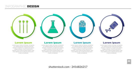 Set Matches, Test tube and flask, Medicine pill or tablet and Medicine bottle and pills. Business infographic template. Vector