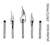 A set of matches. A whole and burning match with fire, a match with coal, with smoke. Vector illustration in doodle outline style on a white background.