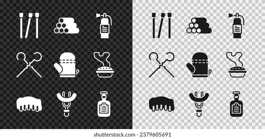 Set Matches, Wooden logs, Fire extinguisher, Grilled pork bbq ribs, Sausage on the fork, Sauce bottle, BBQ skewers and Oven glove icon. Vector