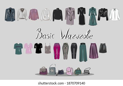 Set of matching the color of things. Basic wardrobe. Dresses, jeans, coats, cardigan, backpack, handbag. Clothing and bags for each day.  Vector isolated image.