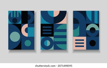 A set of matching compositions with geometric patterns. Design for posters, covers or booklets in a modern abstract style.