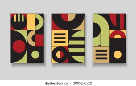 A set of matching compositions with geometric patterns. Design for posters, covers or booklets in a modern abstract style.