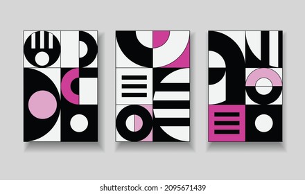 A set of matching compositions with geometric patterns. Design for posters, covers or booklets in a modern abstract style.
