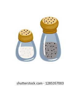 Set of matching glass salt and pepper shakers with metal caps, vector illustration isolated on white background. Salt and pepper shakers made of transparent glass with metal caps