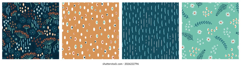 Set of matching hand drawn abstract and floral seamless pattern, doodle surface design with lovely dots and vibrant colors, great fur summer textiles, wrapping, backgrounds - vector design
