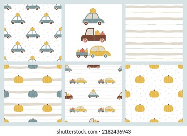 Set Of Matching Seamless Patterns And Print. Cute Cars, Pumpkins And Stripes.