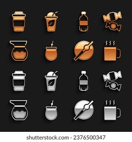 Set Mate tea, Candy, Cup of, Cigarette, Teapot, Bottle water,  and with leaf icon. Vector
