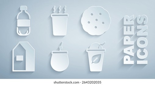 Set Mate chá, Cookie ou biscoito, Pacote de papel para o leite, Xícara de com folha, e ícone de água de garrafa. Vetor
