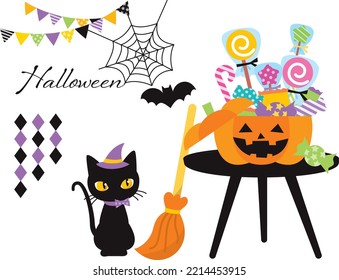 Set Material von Halloween-Süßigkeiten und schwarzer Katze