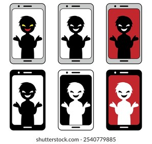 a set of material images of black silhouettes of villains on smartphone screens