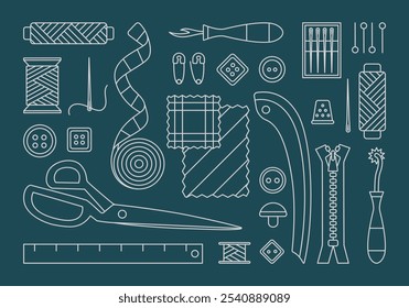 Set materials for sewing and needlework in outline. Tailoring elements collection. Sew tools and accessories for atelier, dressmaker. Threads, buttons, needle for hobby. Vector line illustration