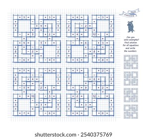 Set of math crosswords. Can you solve examples? Find solution for all equations and write the numbers. Mathematical logic puzzle game on addition and subtraction. Brain teaser book. Vector image.