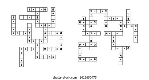 Set math educational game for preschool and school age children. Vector illustration. Solve the crossword. Numbers. Addition and subtraction. Puzzle page.