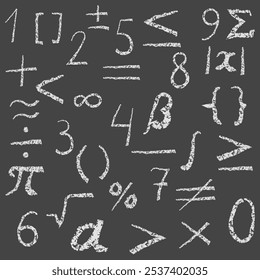 Set of math elements hand drawn with chalk.Hand drawn doodles, mathematical signs written in chalk on a dark board.