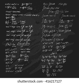 Set of math formulas written on the blackboard, hand drawn. Vector illustration. Poster, banner, background, advertisement.