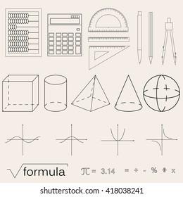 Set of math icons. Linear style. Knowledge of mathimatics and geometry. The geometric shapes. The abacus and the calculator. The pen and pencil. Concept of knowledge. Vector illustration.