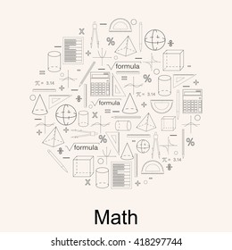 Set of math icons. Linear style. Knowledge of mathematics and geometry. The geometric shapes. The abacus and the calculator. The pen and pencil. Concept of knowledge. Vector illustration.