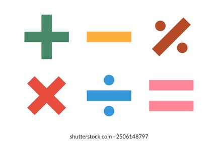 Un conjunto de iconos de matemáticas. Púrpura aritmética más, menos, igual, multiplicar y dividir signos aislados sobre fondo blanco. Elementos de diseño de Vector 