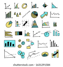 Set of math and infographic elements. Graphs, charts, arrows. Hand drawn icons. Rise and fall. Vector isolated on white background. Business, calculation.