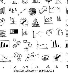 Set of math and infographic elements. Seamless pattern. Graphs, charts, arrows. Hand drawn icons. Rise and fall. Vector isolated on white background. Business, calculation.
