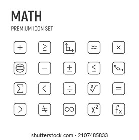 Conjunto de iconos de línea matemática. Paquete de carteles de moda. Pixel perfecto objetos para interfaz de usuario, aplicaciones y web. 